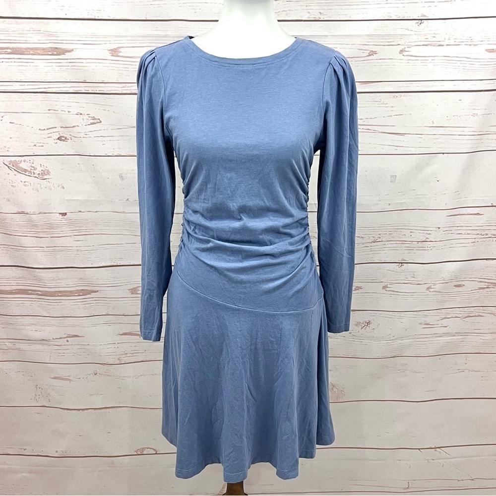 Daily Practice Anthropologie Periwinkle Asymmetrical Ruched Puffy Sleeve Dress